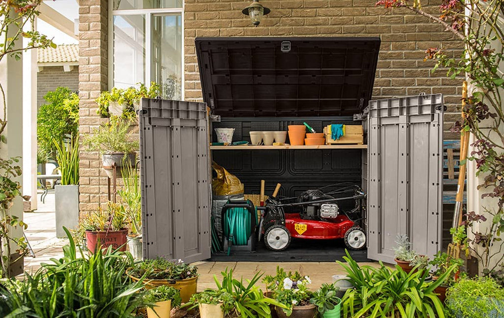Store-It-Out Pro Outdoor Garden Storage Shed – Beige with Brown Lid, 1200L Capacity