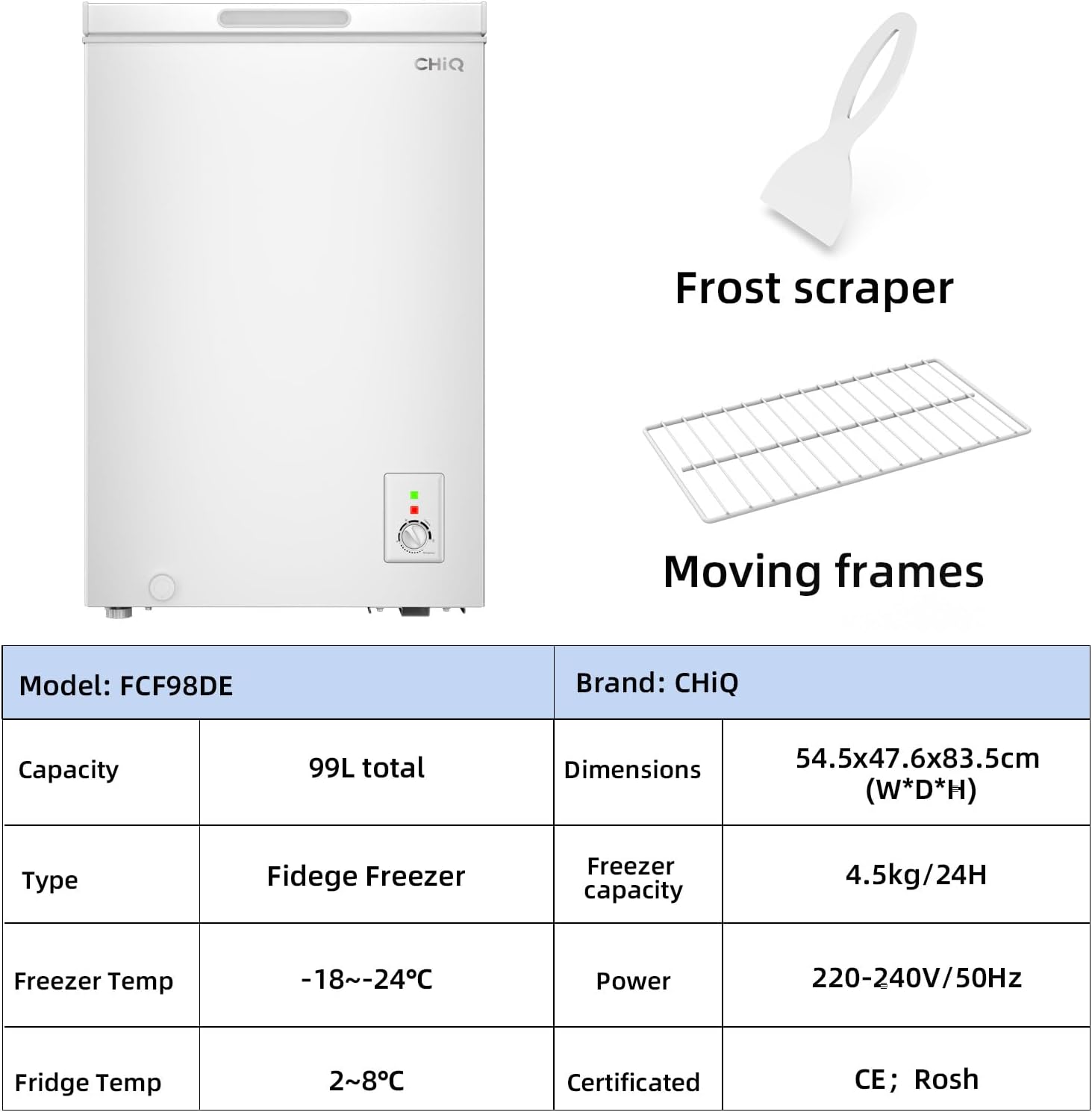 CHiQ FCF98DEU Chest Freezer 99L 4 Star White