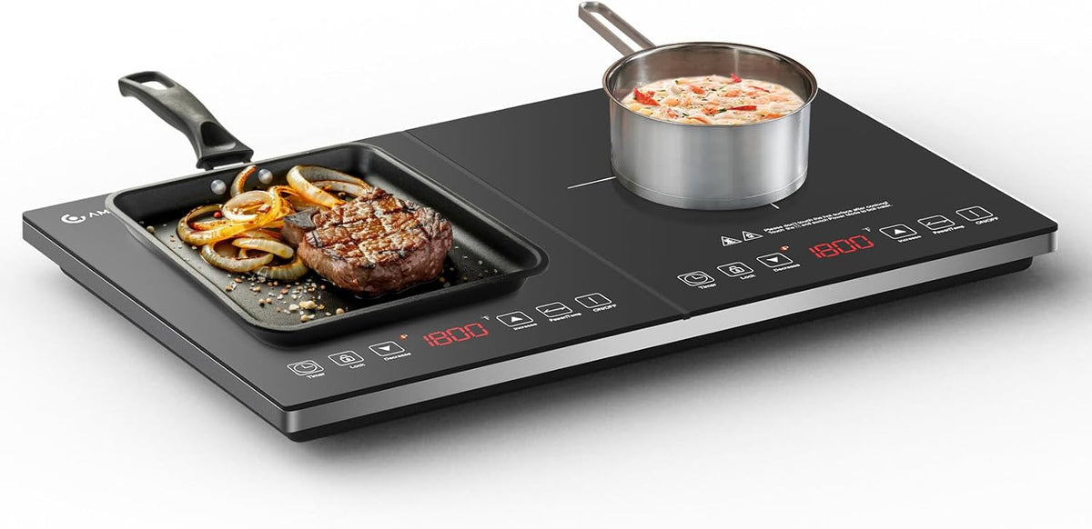 AMZCHEF Double Induction Hob 2800W Portable Cooker Ultra-Thin 10 Temperature Levels 3-Hour Timer Safety Lock Black
