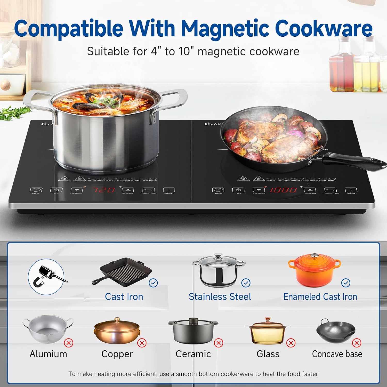 AMZCHEF Double Induction Hob 2800W Portable Cooker Ultra-Thin 10 Temperature Levels 3-Hour Timer Safety Lock Black