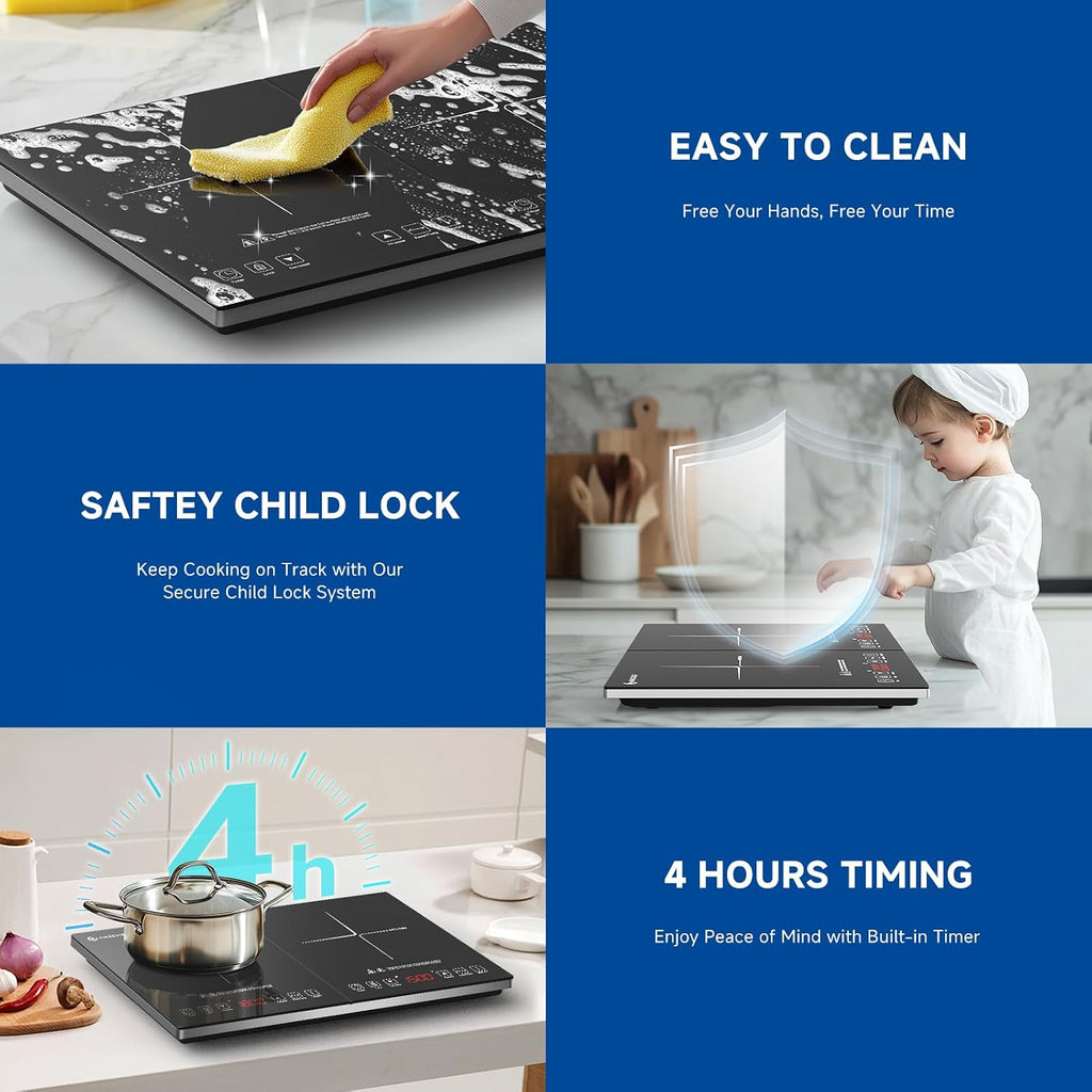 AMZCHEF Double Induction Hob 2800W Portable Cooker Ultra-Thin 10 Temperature Levels 3-Hour Timer Safety Lock Black