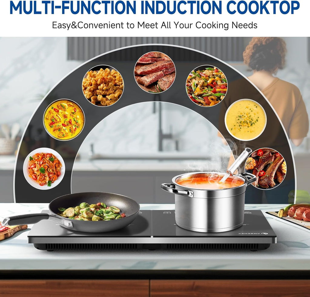 AMZCHEF Double Induction Hob 2800W Portable Cooker Ultra-Thin 10 Temperature Levels 3-Hour Timer Safety Lock Black