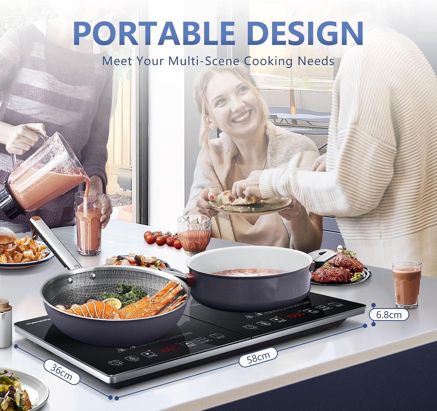 AMZCHEF Double Induction Hob 2800W Portable Cooker Ultra-Thin 10 Temperature Levels 3-Hour Timer Safety Lock Black