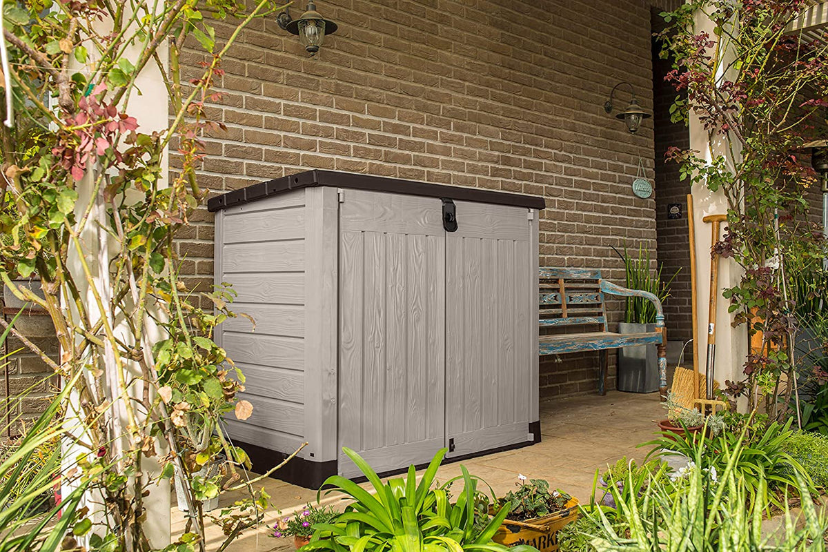 Store-It-Out Pro Outdoor Garden Storage Shed – Beige with Brown Lid, 1200L Capacity